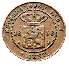 Netherlands East Indies Indonesia Willem III 1858 1 CENT, Copper km# 307
