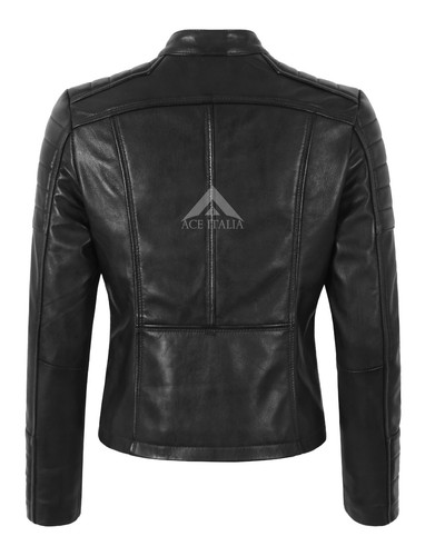 Women's Quilted Fashion Biker Zipper Closure Motorcycle Lambskin Leather Jacket - Picture 17 of 28