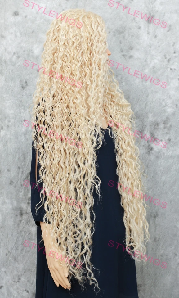 Light Blonde Extra Long Spiral Curls Lace Front Human Hair Blend Wig EVGP - Image 2 of 4