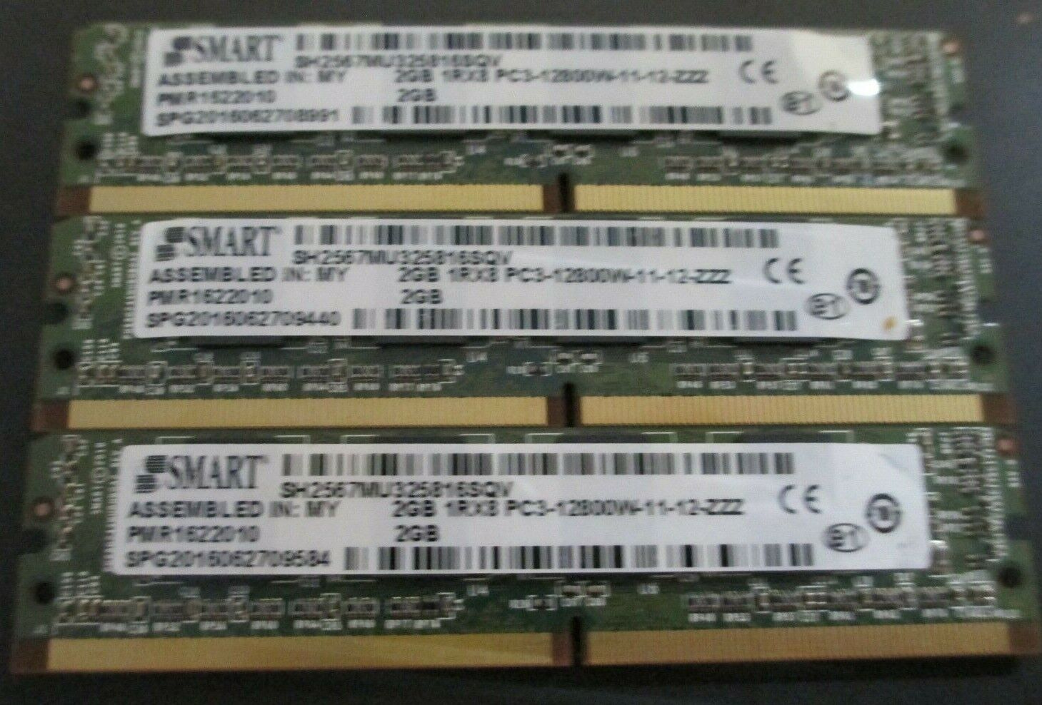 Lot of 3 SMART (SH2567MU325816SQV) 6GB (3x2GB 1Rx8 PC3-12800 DDR3 Mini-UDIMM RAM