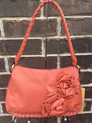 NWT $199 Patricia Nash  Petals Coral Leather HARTFORD Shoulder Bag orange