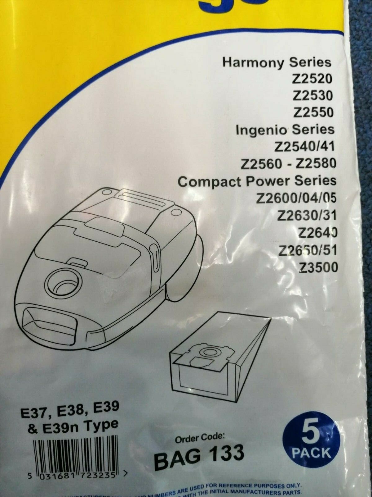 ELECTROLUX VACCUM BAGS 5 PACK) HARMONY Z2550 COMPACT Z2630 INGENIO Z2540 Bag133 eBay