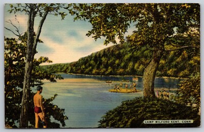 #ad Kent Connecticut Linen Postcard Camp Milford Summer Vacation Lake Swimmers $8.99