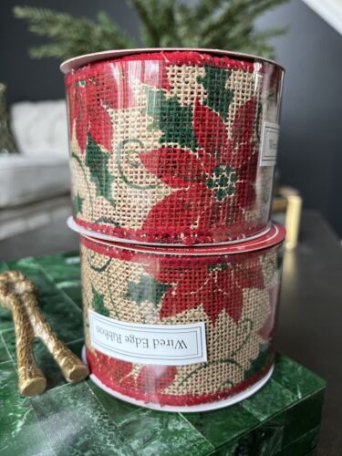 Lots of 2 18 feet burlap poinsettia wired edge ribbon Christmas - Picture 1 of 4