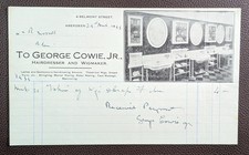 1933 George Cowie Jr. Hairdresser & Wigmaker Belmont Street Aberdeen Invoice