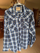 Wrangler Men's Long Sleeve Pearl Snap Blue Plaid Shirt XL