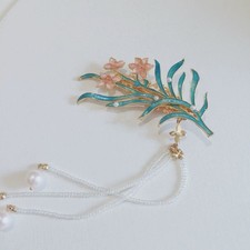 Blue Enamel Floral Side Hair Clip Long Tassel Hanfu Qipao New Chinese Style