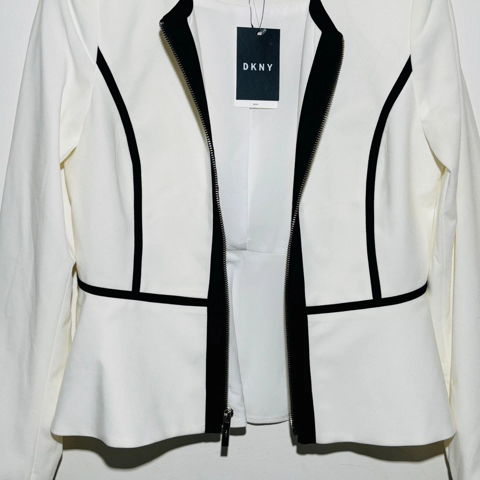Новый с Ярлыками - DKNY белый пеплум блейзер с черной отделкой молнии длинным рукавом | Размер 8 - Изображение 2 из 4