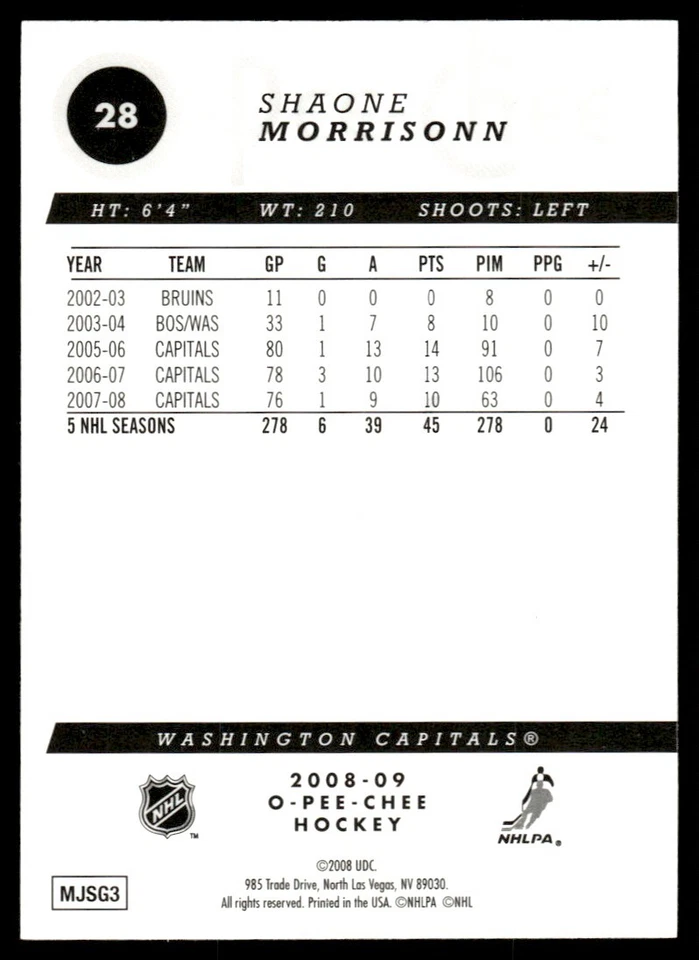 2008-09 O-Pee-Chee Gold Shaone Morrisonn Washington Capitals #28 - Image 2 of 2