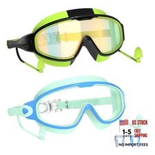 Swim Goggles for Kids 3-15 with Earplugs Large Frame Anti Green and Black Blue