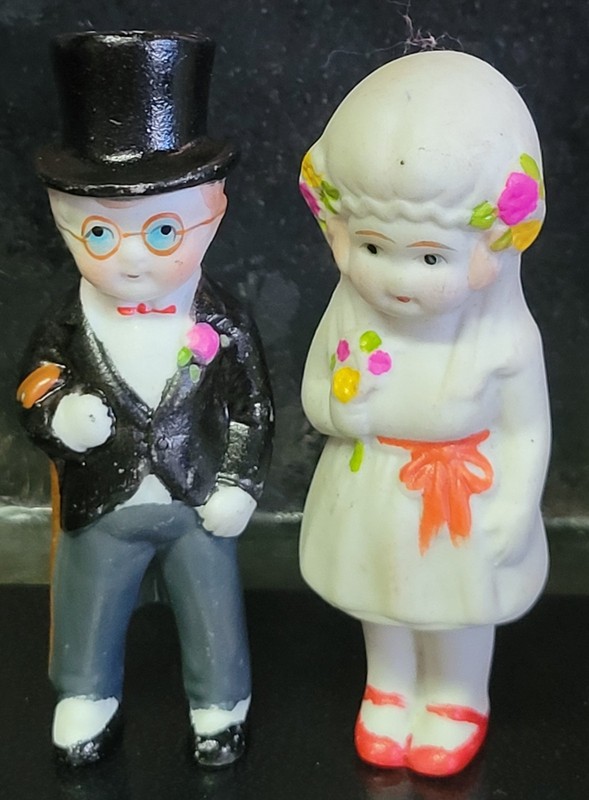 Vintage Bride & Groom Frozen Charlotte Bisque Dolls from 1920s Made In Japan 
