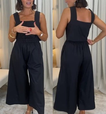COS BLACK SQUARE NECK OPEN-BACK GATHERED SEERSUCKER WIDE-LEG