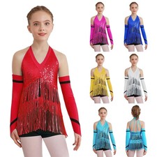 Girls Outfit Figure Skating Dancewear Sequins Set Strappy Back Leotard Latin