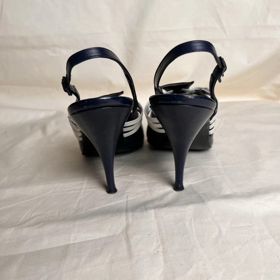 Винтажный 1990-х «Elysee» итальянский кожаный темно-синий + белый слинга каблуки Sz. 7 (N) - Изображение 3 из 4