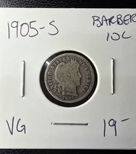 1905 S Barber Dime. VG Condition. Better Mint. 90% Silver.