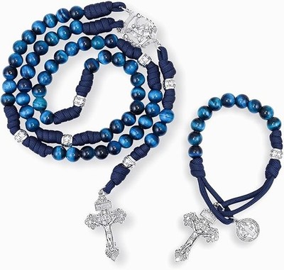 St Michael Paracord Rosary Blue Tiger Eye Beads Set with One Decade Saint Medal