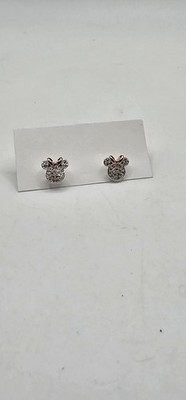 Disney Sterling Silver And Diamond Minnie Mouse Icon Earrings With Pink Gold Bow