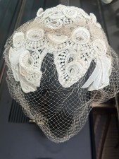 Vintage Venise Lace Wedding Veil Bridal Crown Birdcage Blusher Retro 1950s Bride