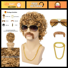 Short Curly 70s Disco Wig for Men - Blonde Brown Synthetic Hair, 5-Piece Set f