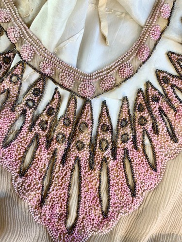 Antique Vintage Beaded Garment Top Bib Yoke Collar Nude Crepe Peplum Hand Sewn - Picture 13 of 23