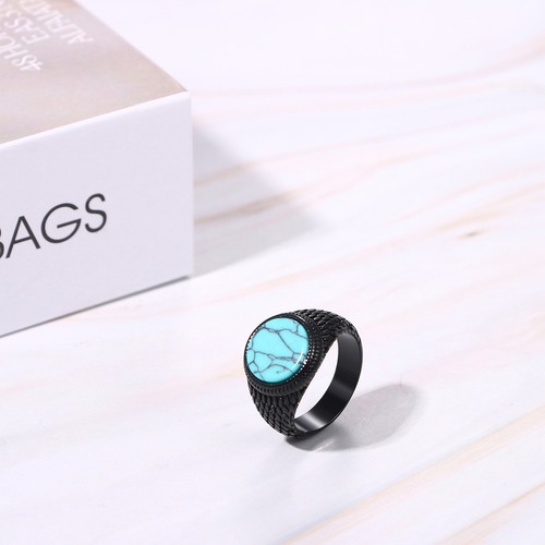 Round Turquoise Ring Stainless Steel Retro Biker Signet Band for Men Size 7-13 - Picture 18 of 18