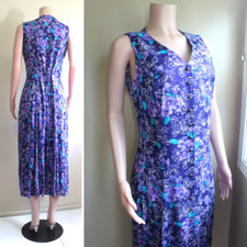 Sleeveless Purple Floral Rayon Dress 14 L Button Front Ties Back Coco Bianco