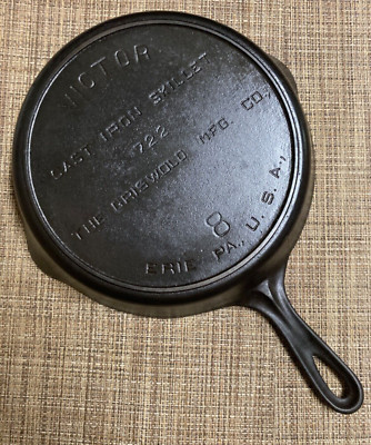 Griswold Victor No.8 Cast Iron Skillet with Heat Ring Fully Marked 722