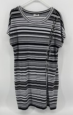 Calvin Klein Side Tie Dress Womens Size Large Black White Stripes Short Sleeve