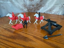 Vintage 1960s Plastic Toy Medieval Knights  Horses and Ballista - 14 Pcs