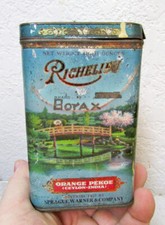 Vintage Richelieu Orange Pekoe Ceylon India tea EMPTY tin, fantastic graphics