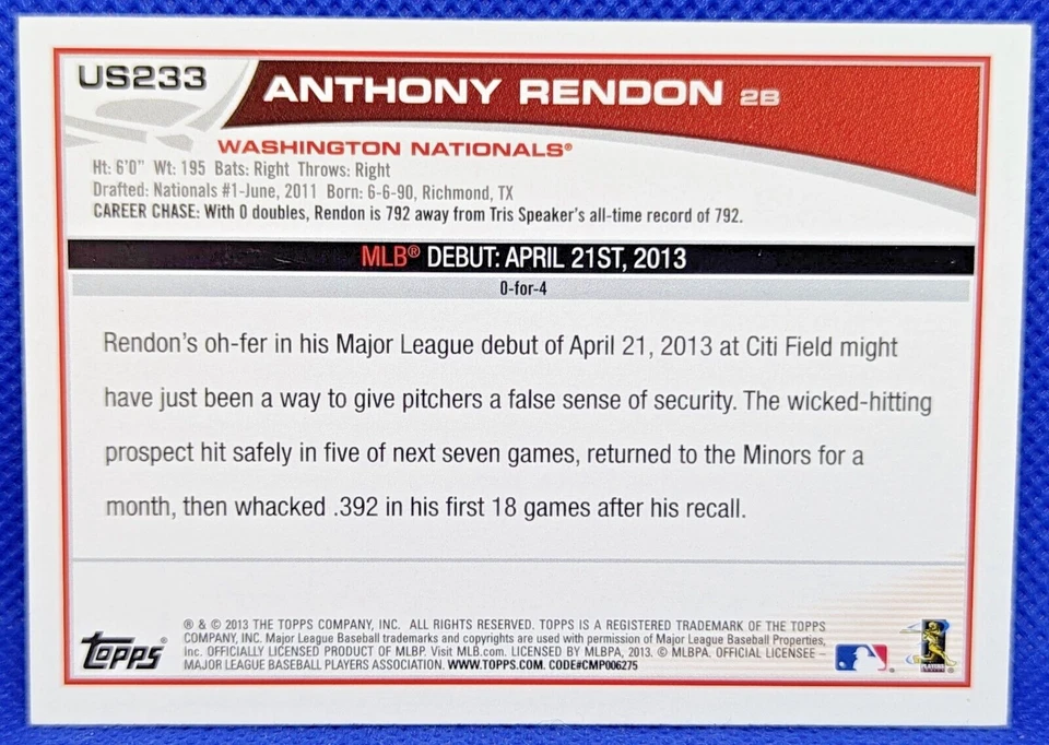 ANTHONY RENDON 2013 Topps Update ROOKIE DEBUT #US233 RC Washington NATIONALS - Image 3 of 3