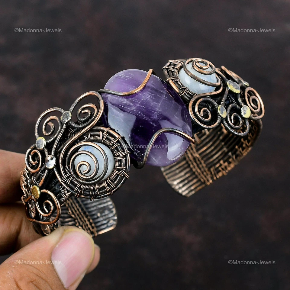 星形紫水晶丝包裹袖口可调节手镯铜首饰女式 — 第 3/4 张图片