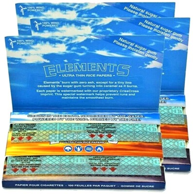 3x ELEMENTS Single Wide Rolling Papers Ultra Thin Rice 100 Leaves/Pk USA Shipped