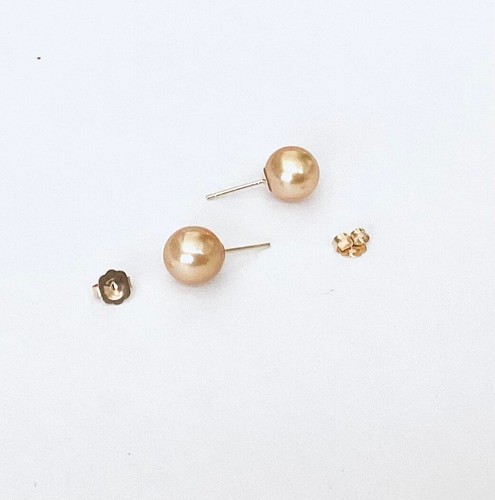 7.8 - 8 mm Golden South Sea Cultured Pearl , 14k Gold Stud Earrings NEW - Picture 6 of 6