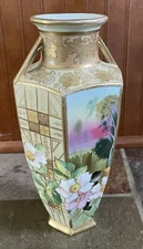 Antique Nippon Two Handled Vase Hand Painted  Floral Gilded Accents