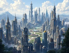 Intricate Futuristic Cityscape with Skyscrapers and Greenery Poster 18 x 24 in