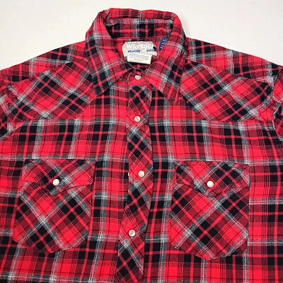 Wrangler Wrancher Flannel Shirt Large Plaid Red Western Pearl Snap Cowboy Work