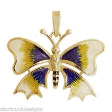 New 14k Yellow Gold Enameled Butterfly Pendant