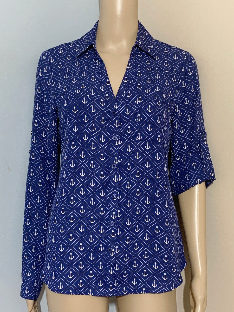 トップス c... EXPRESS S Navy Blue White Anchors Button Down PORTOFINO SHIRT Long