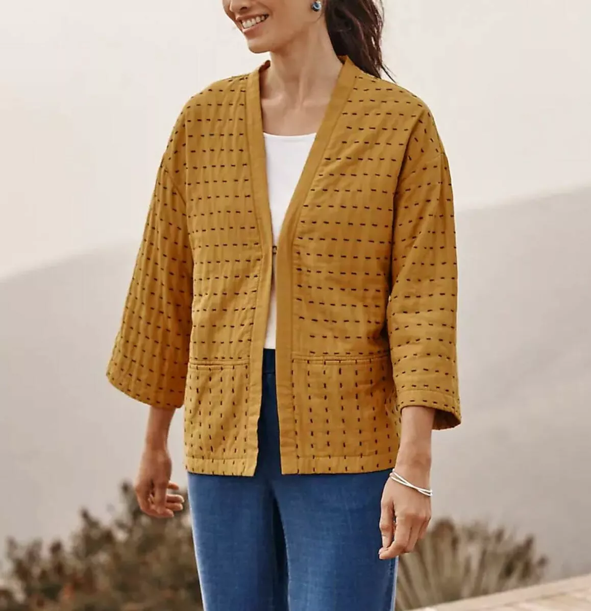 J. Jill Pure Jill Kantha Stitched Kimono Jacket size 3X Color Golden Rod 238944