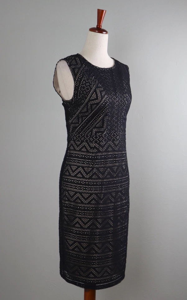 CALVIN KLEIN $129 Stretch Black Eyelet Beige Lined Sheath Dress Size 8 - Image 2 of 4