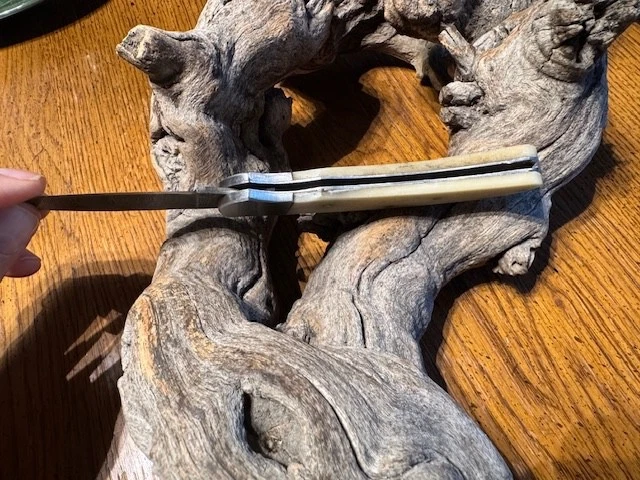 Cuchillo hoja plegable Big Damascus con mango de hueso blanco Foto 2 de 4