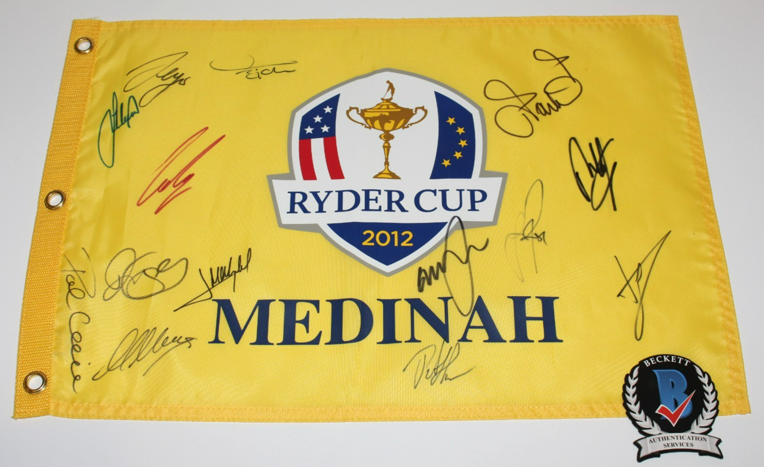 Rory McIlroy Autographed Signed 2012 TEAM EUROPE RYDER CUP MEDINAH FLAG COLSAERTS BECKETT 