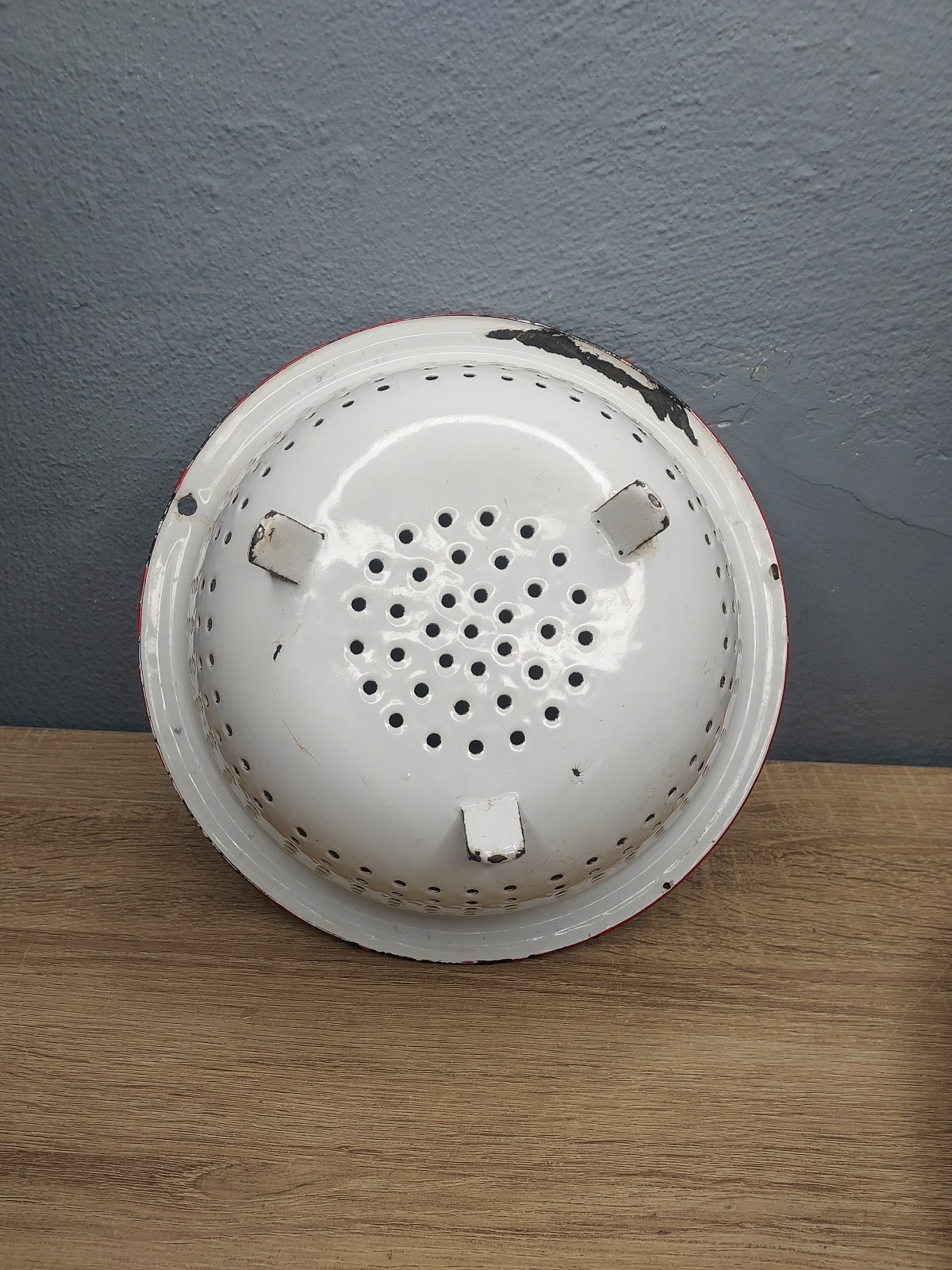 Vintage Enamelware Mixing Bowl Colander White Red Trim Strainer Cottage Kitchen