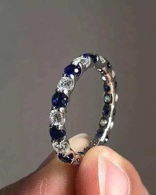 2Ct Round Cut Simulated Sapphire Engagement Band Ring 14K White Gold Plated