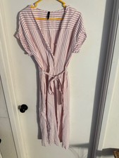 Women"TRF" rose pink /white stripes, button up wrap dress, short sleeves. Size S