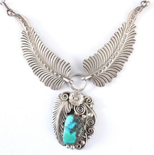 Vintage Western Navajo Indian Sterling Silver Kingman Turquoise Feather Necklace