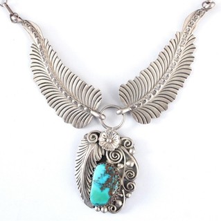 Vintage Western Navajo Indian Sterling Silver Kingman Turquoise Feather Necklace