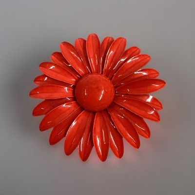 Vintage Enamel Flower Brooch Pin Large Bright Hot Neon Orange MOD MCM Daisy