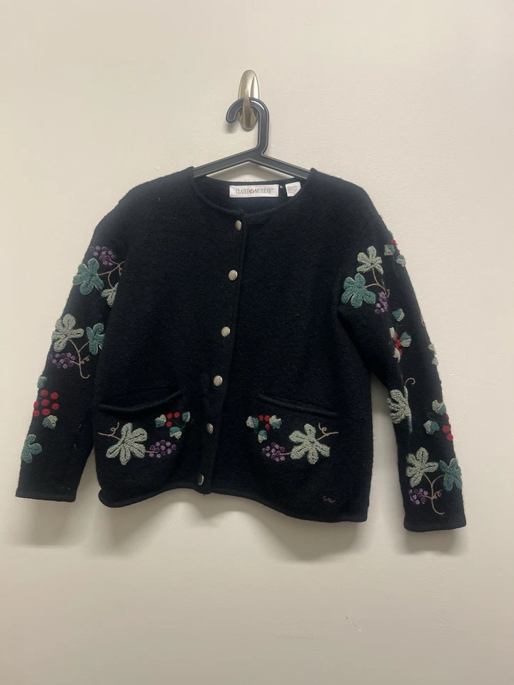Cárdigan Suéter Vintage Negro Mujer 3G Floral Bordado Granny Core Talla M Foto 2 de 4